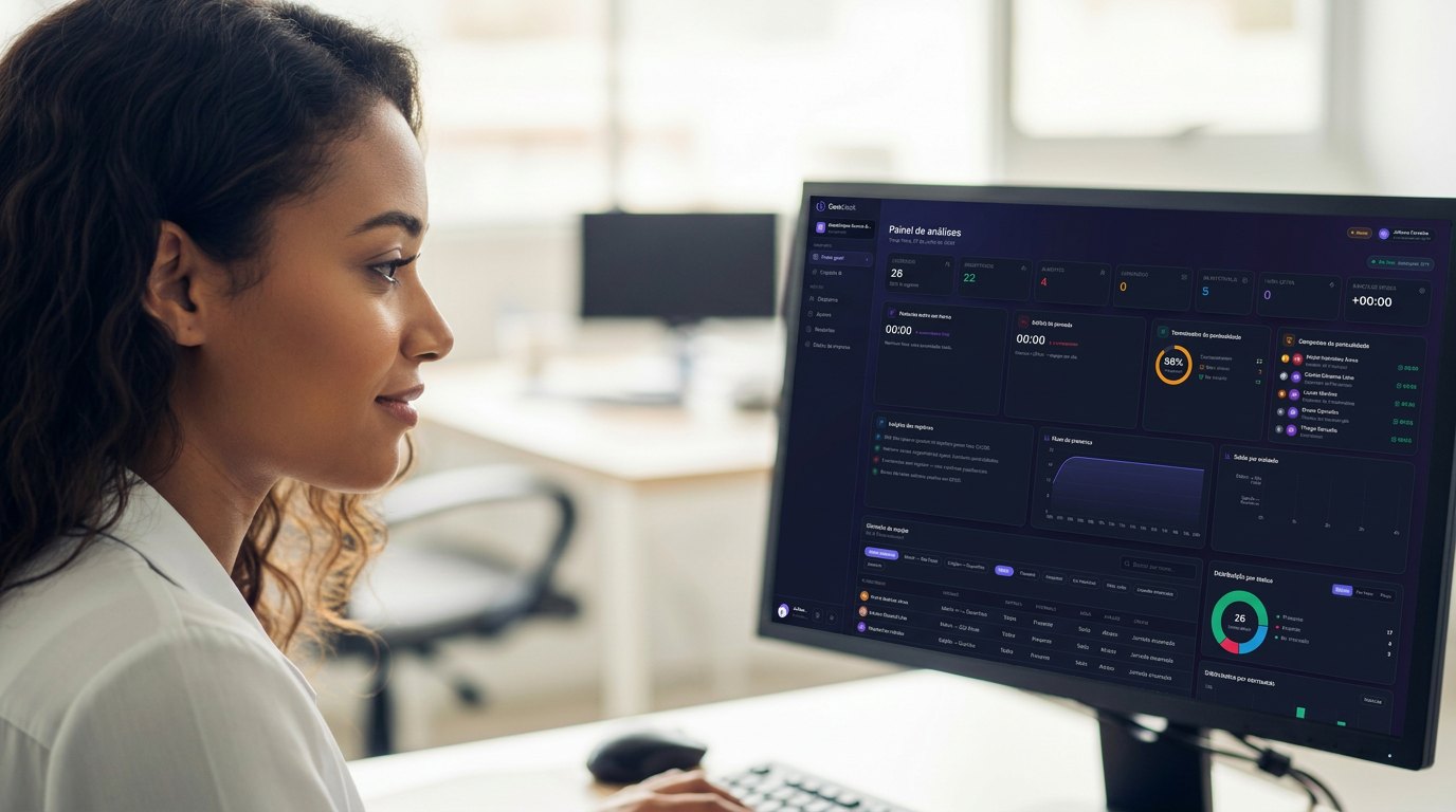 Gestora de RH acompanhando o painel do CoreClock em tempo real